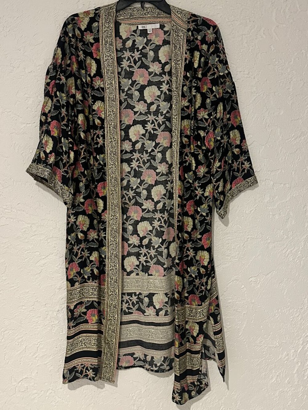 DR2 Floral Kimono Duster Boho Robe Cardigan Black Pink XS/S